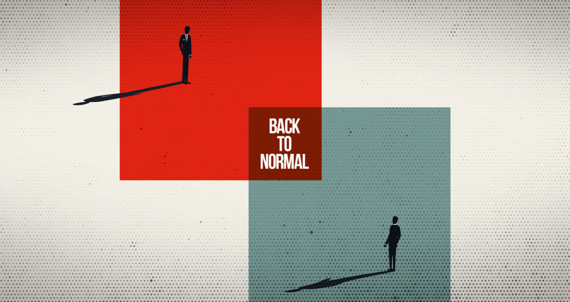 Illustration with 2 small figures situated in different color squares that are partially overlapping, with the words "back to normal" superimposed.