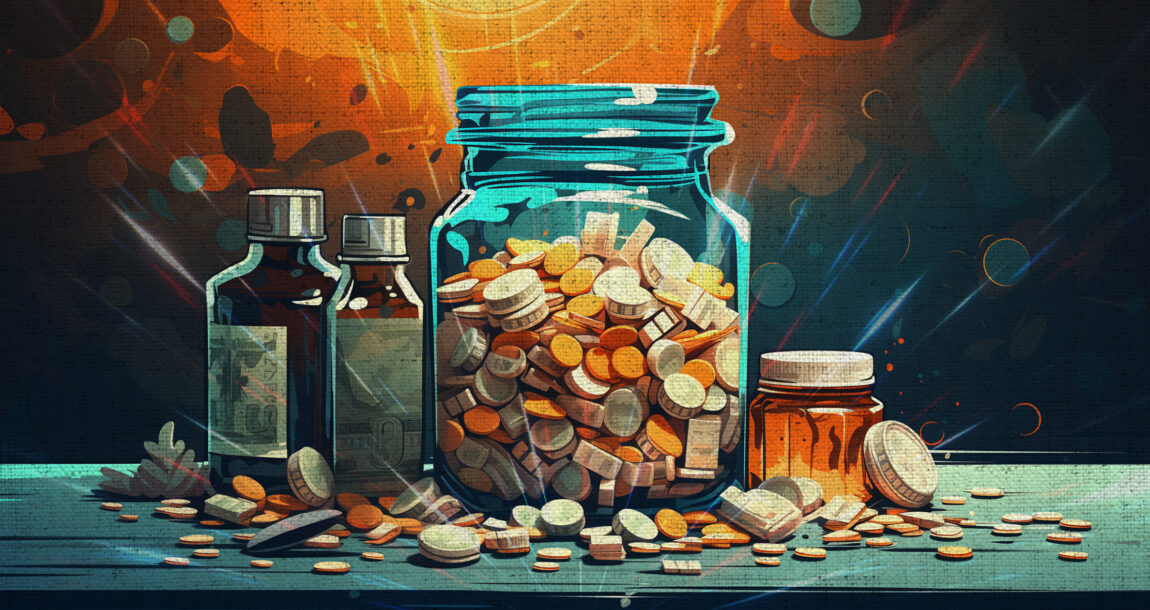 Illustration of medical prescriptions and pills in a variety of different bottles.