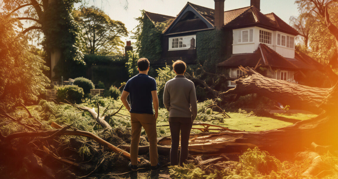 Image of couple standing in front of a storm-damaged home contemplating their loss.