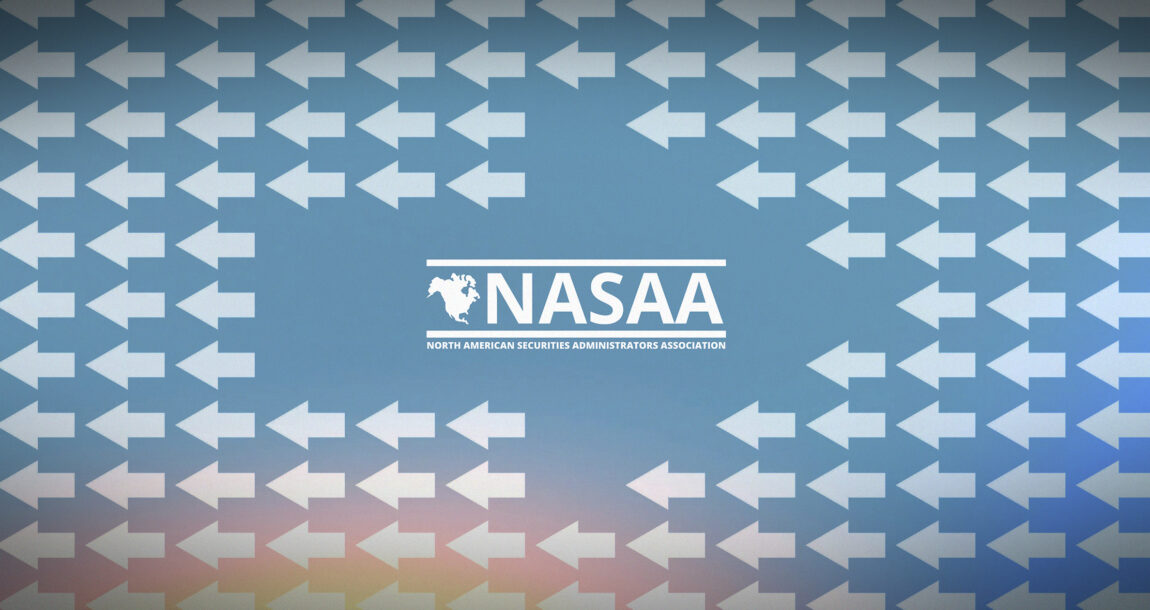 NASAA logo superimposed on a large arrow heading in one direction, while many smaller arrows are pointing in the opposite direction.