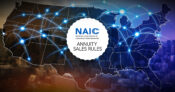 Image shows the words, "NAIC annuity sales rules" against a map of the U.S.