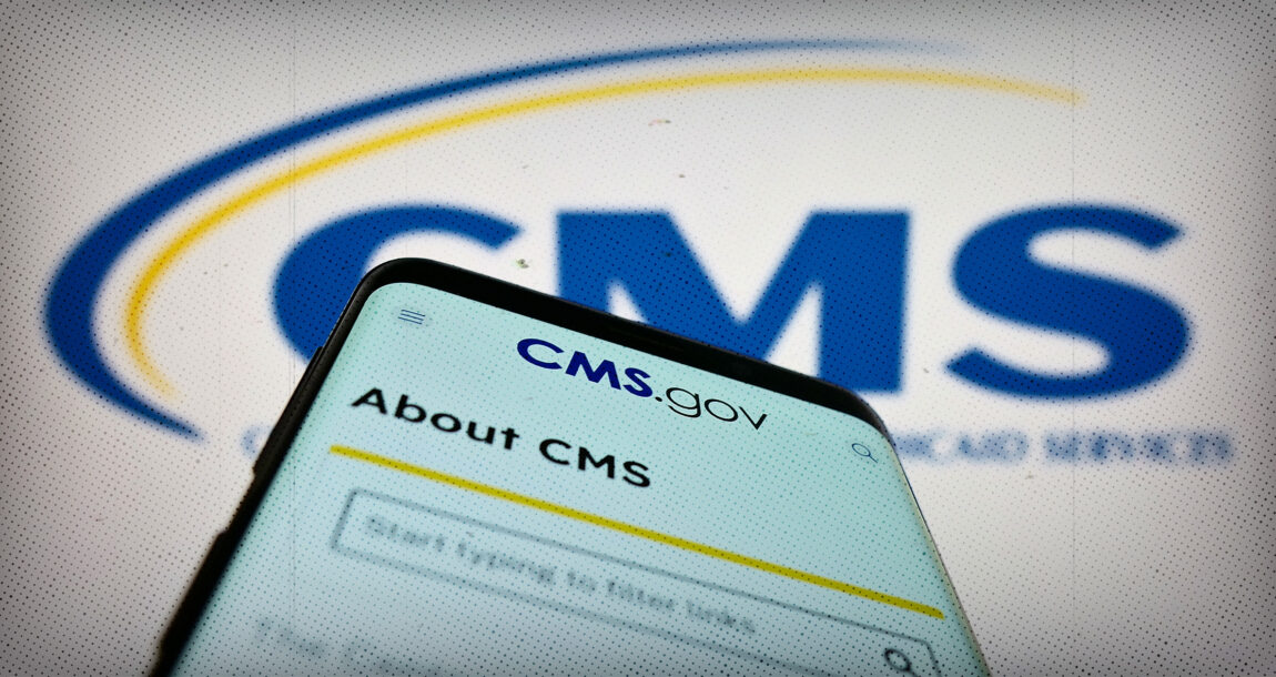 Image of a mobile phone showing the CMS.gov website's "About CMS" page, with the CMS logo in the background.