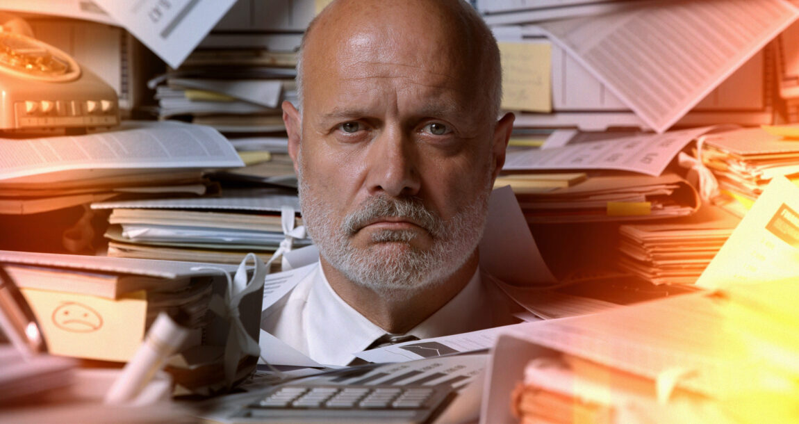 An unhappy older person is surrounded by paperwork, computers and financial statements.