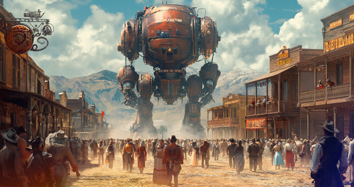 Image of giant AI-inspired robot walking down the main street in an old western town with cowboys and others watching. In-AI-Wild-West-firms-urged-to-adopt-in-house-policies.