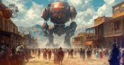 Image of giant AI-inspired robot walking down the main street in an old western town with cowboys and others watching. In-AI-Wild-West-firms-urged-to-adopt-in-house-policies.