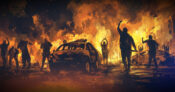 Image showing a mob scene with cars on fire and an unruly mob. Insurance-policies-adding-insurrection-riots-as-exclusions.