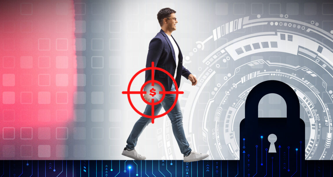 Person walking with a dollar symbol in his hand, with a large padlock superimposed over the image.