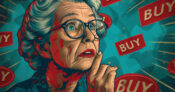 Illustration of an older woman looking worried, surrounded by the word "buy." Study-examines-hesitancy-around-buying-an-annuity.