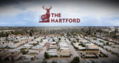 Image of The Hartford logo looming over a scene of Calif. homes that are flooded. The-Hartford-to-withdraw-from-Calif.-homeowners-insurance-market.