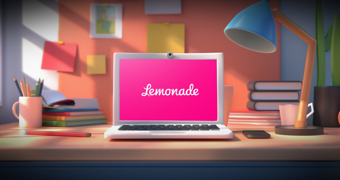 Image of laptop on a desktop displaying the Lemonade website logo. After-throttling-back-in-2023-Lemonade-to-push-growth-to-reach-profitabily.