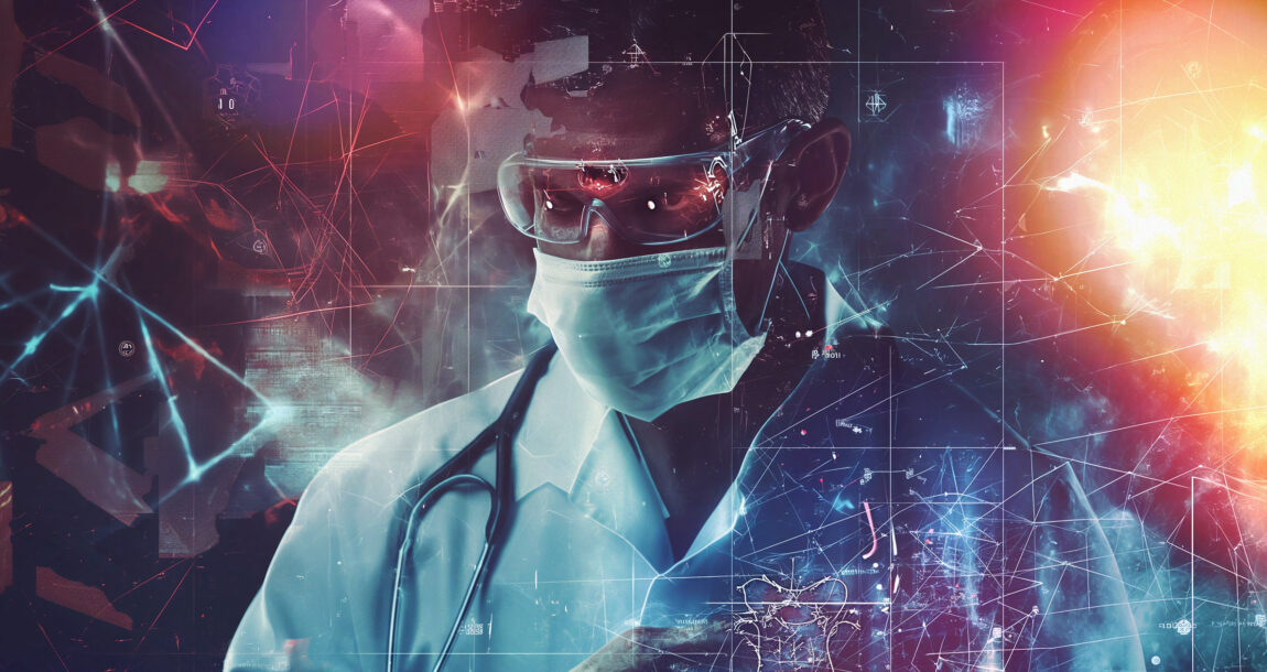 Image of person in medical garb surrounded by technical symbols and imagery. CMS--Medicare-Advantage-insurers-can't-use-algorithms-to-deny-care.
