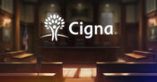 Image shows the Cigna logo in front of a courtroom scene.
