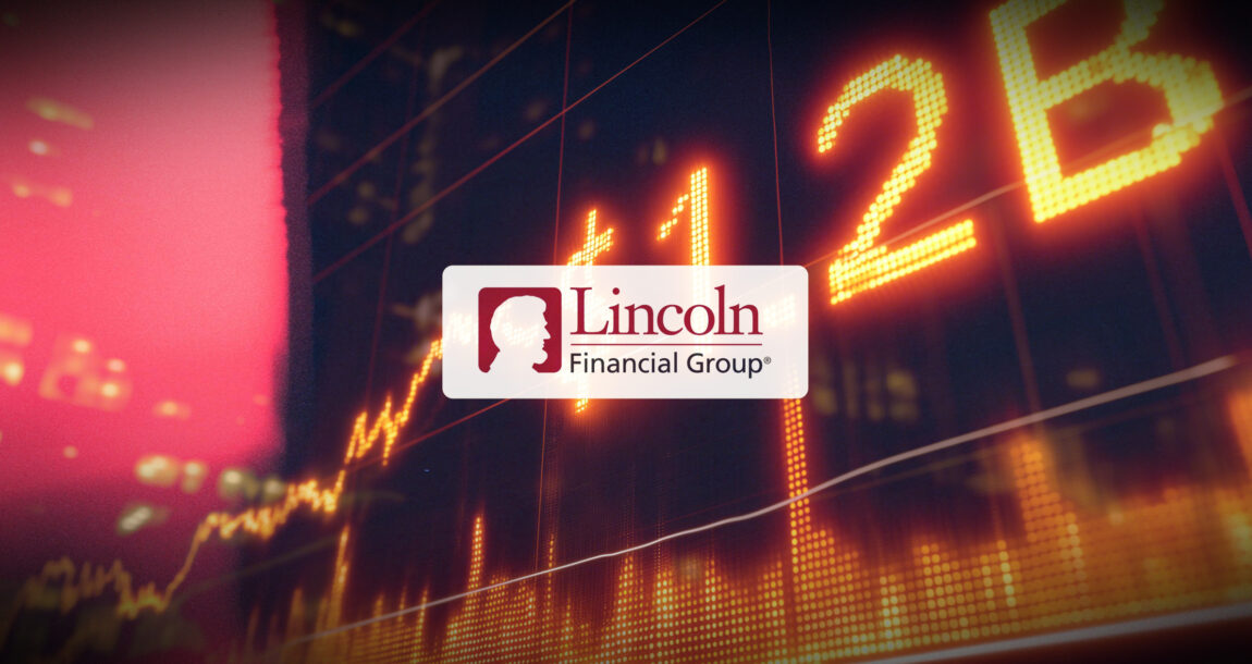 Image of downward trending financial graph, with $1.2B label and Lincoln Financial Group logo. Lincoln-Financial-sees-Q4-loss-of-$1.2B.