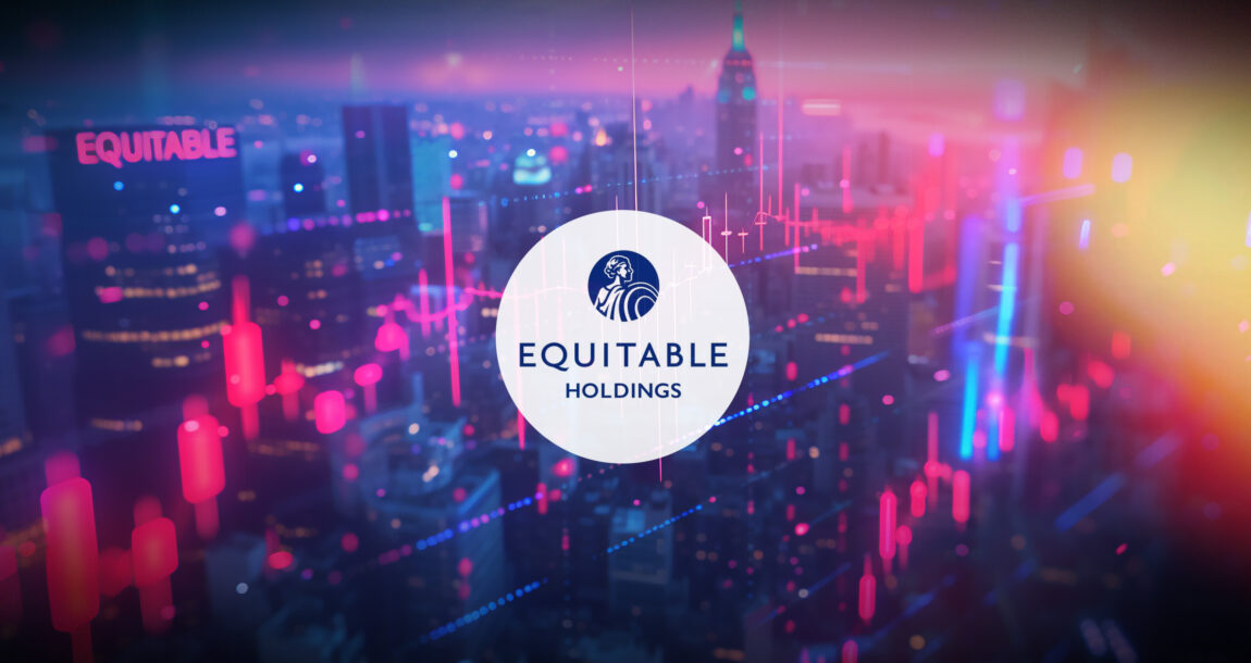 Equitable Holdings logo against a backdrop of financial graphs showing mixed results. Equitable-Holdings-cite-momentum,-resilience-in-face-of-economic-headwinds.