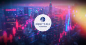 Equitable Holdings logo against a backdrop of financial graphs showing mixed results. Equitable-Holdings-cite-momentum,-resilience-in-face-of-economic-headwinds.