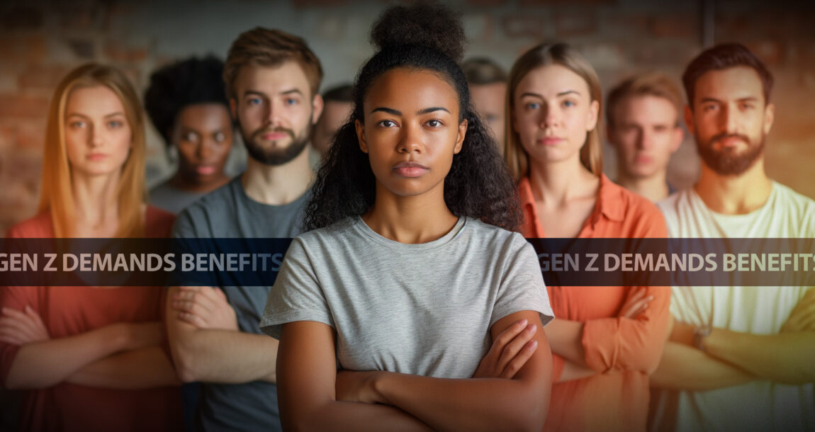 Image of a group of Gen Z'ers looking stern, with a banner behind them readings "Gen Z demand benefits." Gen-Z-setting-the-tone-for-a-new-standard-of-benefits-engagement.