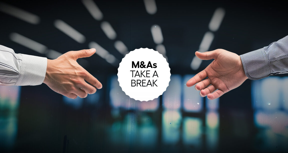 Image of two hands breaking their handshake and moving away, with the words "M&A takes a break." Insurance-M&As-drop-in-2023,-but-expected-to-rise-again-this-year.