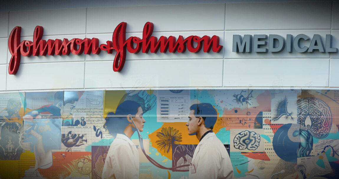 Image of medical personal below a sign reading "Johnson & Johnson." J&J-drug-pricing-lawsuit-seeks-class-action-status.