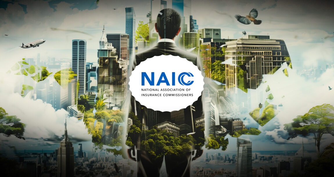 Image of NAIC logo against a backdrop of a financial business district skyline with a lot of greenery. NAIC issues policies, but not regulation, on ESG investments.