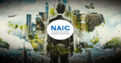 Image of NAIC logo against a backdrop of a financial business district skyline with a lot of greenery. NAIC issues policies, but not regulation, on ESG investments.