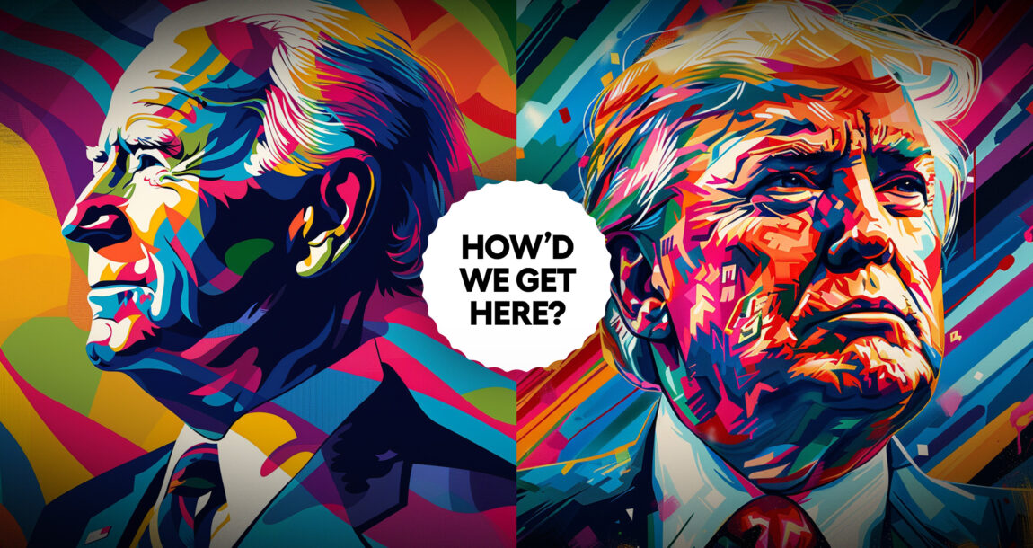 Illustrated portraits of Biden and Trump. Biden v Trump in 2024: How did we get here?