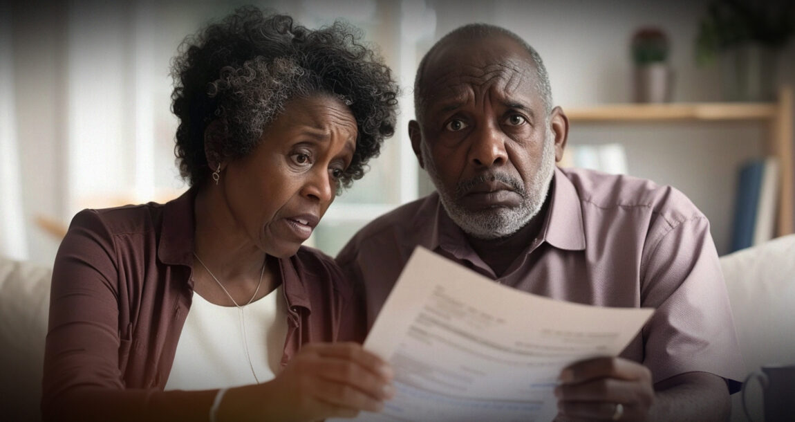 Middle-aged couple looking over papers and appearing worried. More-Americans-forced-to-make-dire-decisions-amid-soaring-insurance-rates.