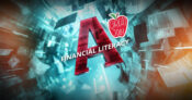 Illustration showing and apple with the letter "A" superimposed, against a background of financial papers. More-states-earn-an-'A'-in-financial-literacy-education.