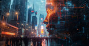 NY skyline being seen by an AI-inspired character. NY's-proposed-AI-rules-seen-as-just-the-start-for-insurance-carriers.
