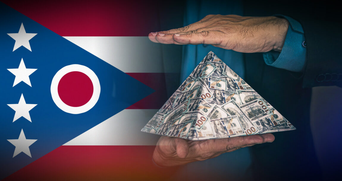Image of the state flag of Ohio with a pyramid in the foreground. Ponzi-scheme-losses-to-Ohio-bank-are-insurable-court-rules.