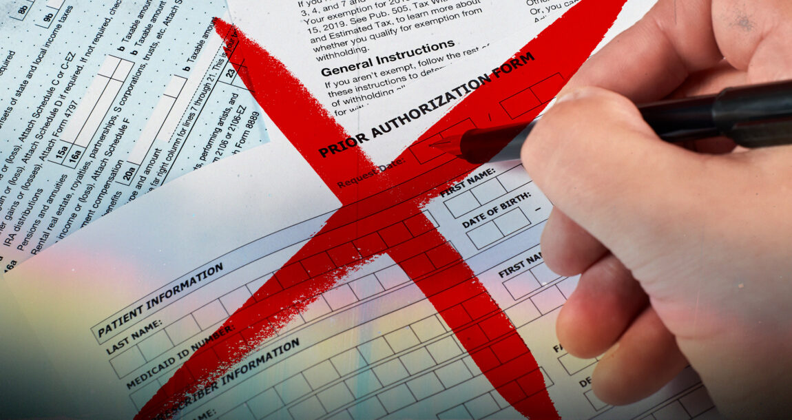 Image of an authorization form with a large red "X" through it. Prior-authorization-rules-don't-apply-to-employer-based-health-insurance.