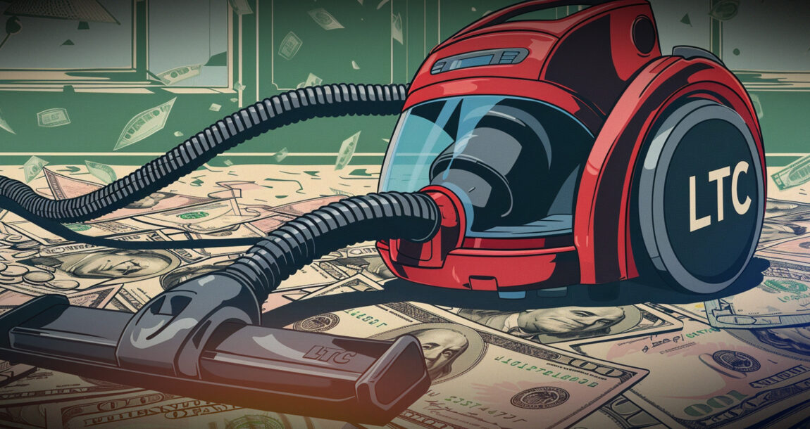 Image shows a vacuum cleaner vacuuming up money,