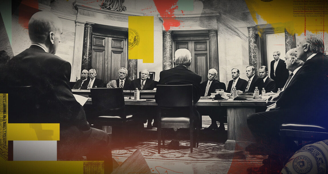 Illustration shows a Senate hearing room in action.