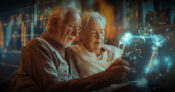Image of a senior couple holding a laptop, and being surrounded by graphic representations of cutting edge technology. Seniors-retirees-will-benefit-from-AI-advances-experts-say.