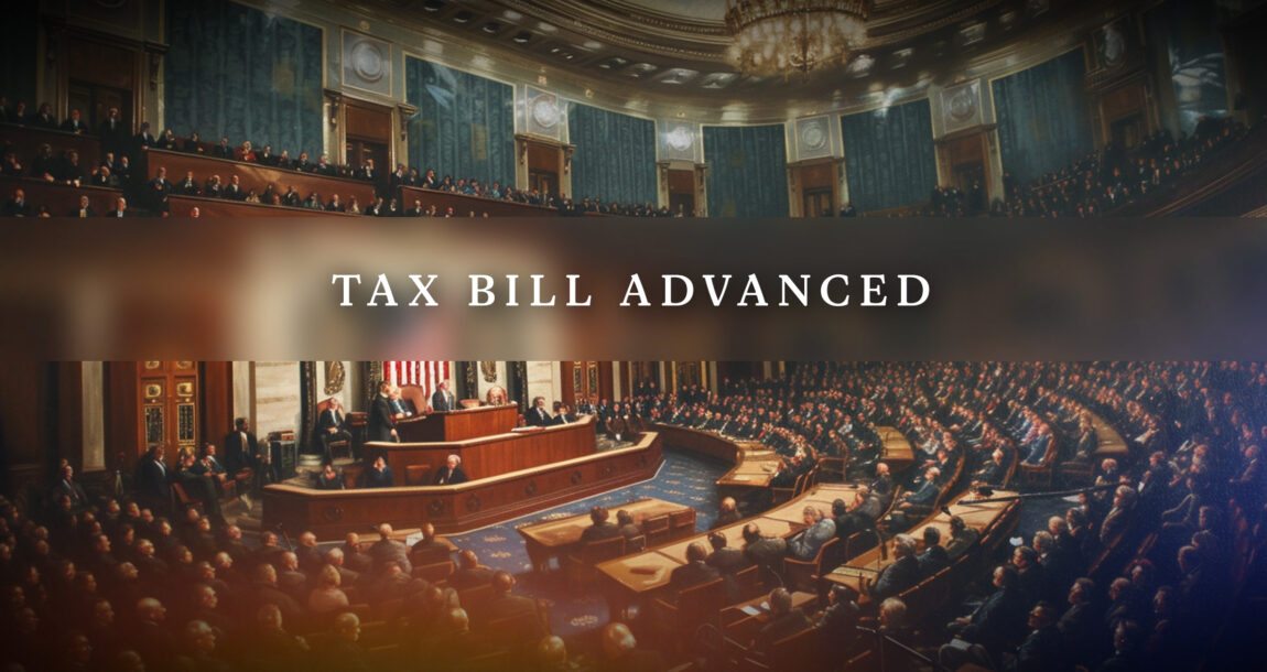 Image of the floor of Congress with the words "Tax Bill Advances" superimposed. Tax-bill-advanced-in-rare-bipartisan-House-vote.