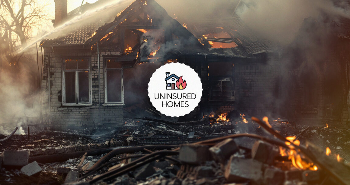 Image of a burning house with the words "Uninsured Homes" overlaying the photo. 1.6-trillion-dollars-in-U.S.-homes-uninsured,-mostly-among-Hispanic-and-African-American-families.