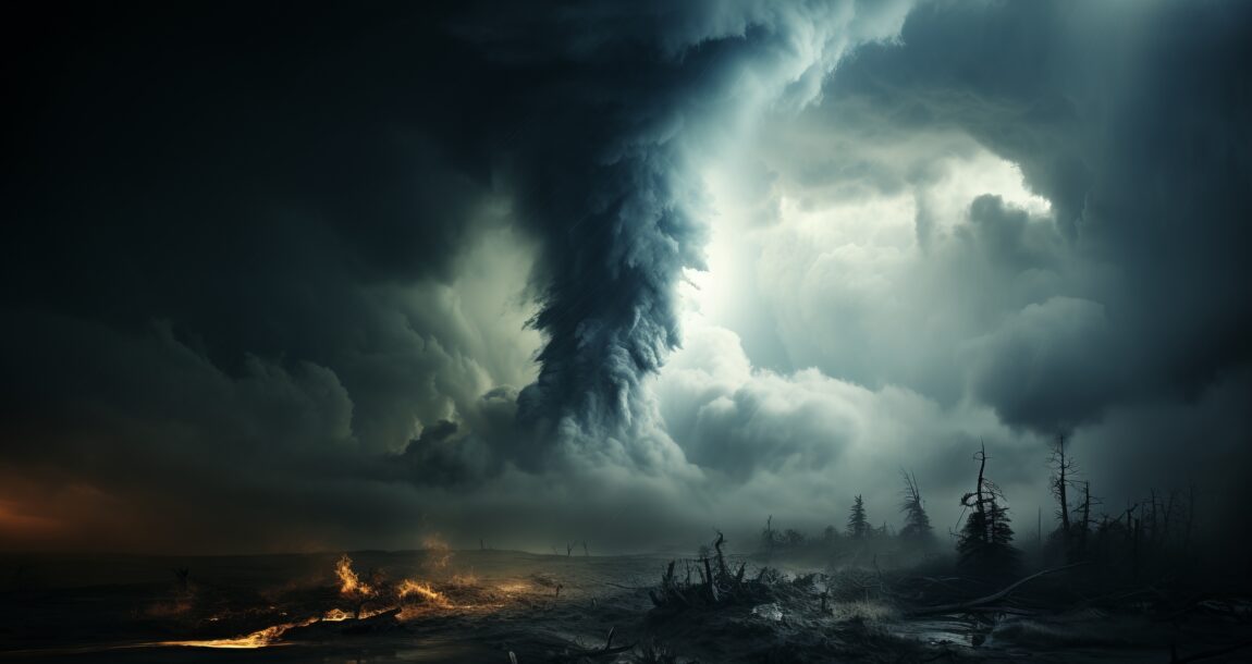 Image of tornado ravaging a bleak landscape. Record catastrophic weather hits insurance claims, customer satisfaction.