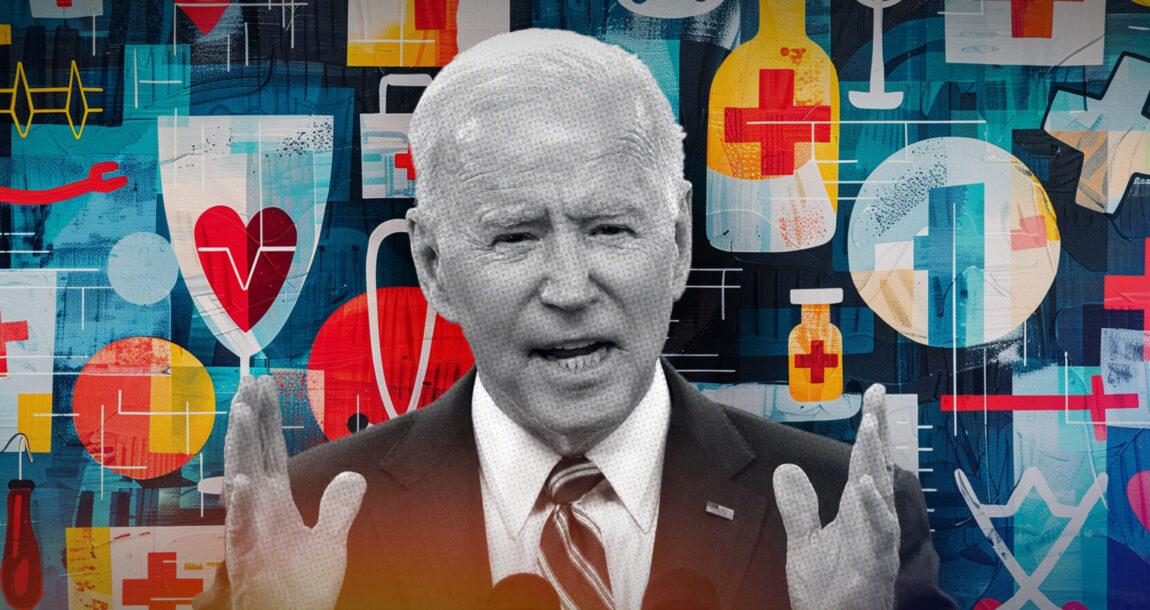 Image of President Joe Biden surrounded by health care symbols. Biden-administration-rolls-back-extension-of-short-term-plans.