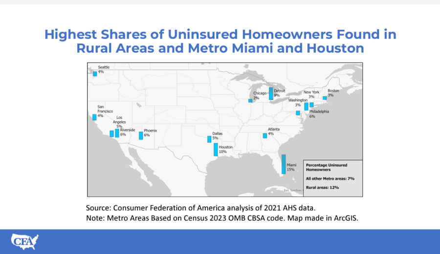 Map showing that the highest shares of uninsured homeowners found in rural areas and metro Miami and Houston.