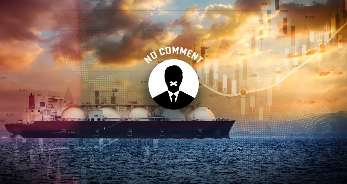 Image of LNG tanker on the ocean with an overlay of a man's head with mouth taped shut and the caption "No Comment." Calls-to-end--LNG-investment-draw-silence.