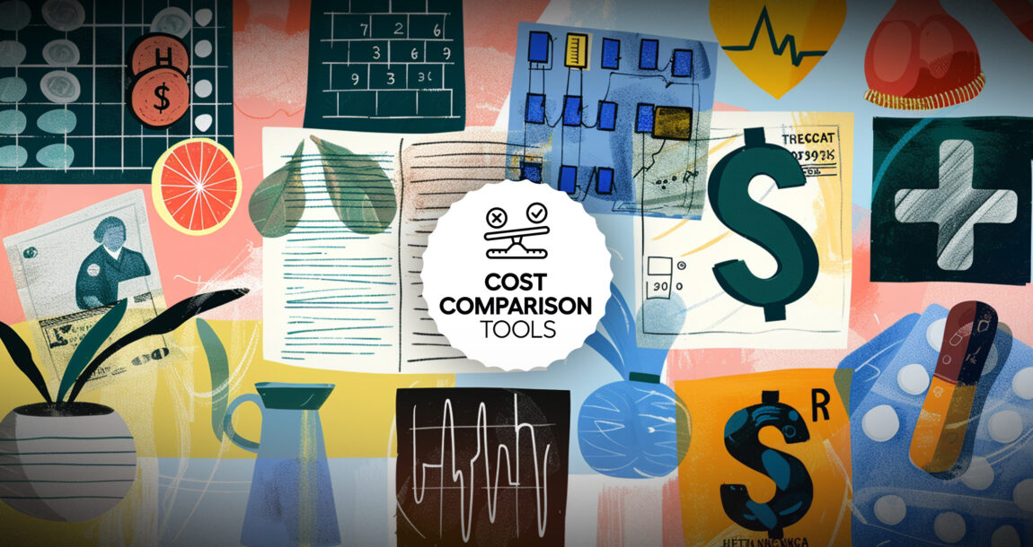 Image labeled "Cost Comparison Tools," with many images and icons representing such tools. Employers-must-provide-health-care-cost-comparison-tools-to-workers.