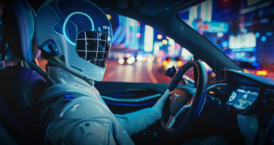 Illustration of an AI-looking robot driving a car. How-is-P&C-insurance-benefitting-from-generative-AI.
