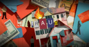 Illustration showing a home set on fire with dollar bills strewn. Insurance-fraud-epidemic-continues-unabated;-drives-up-operational,-consumer-costs.