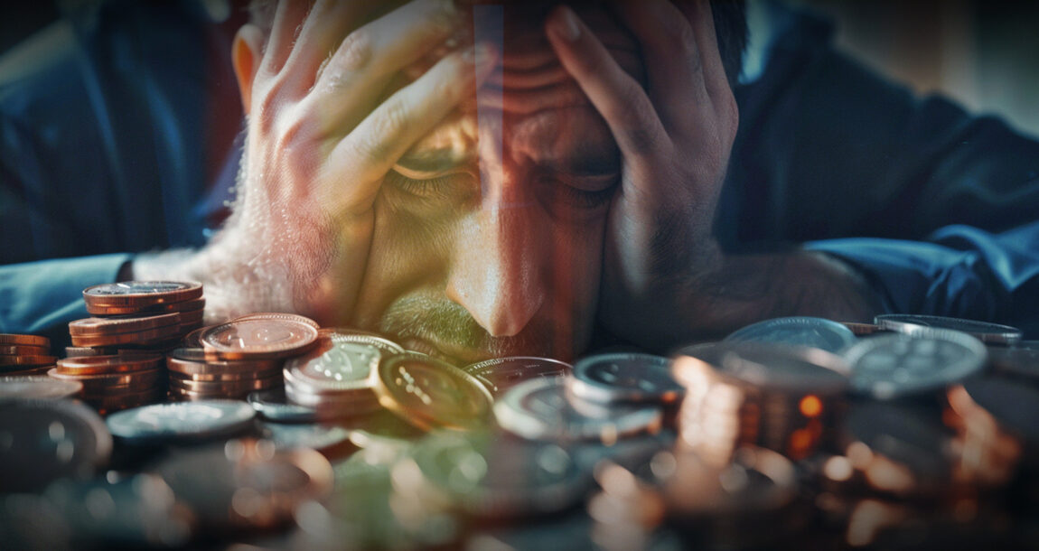 Image of a person with head in hands, looking very worried, and surrounded by money. Level-of-financial-insecurity-remains-high-study-finds.