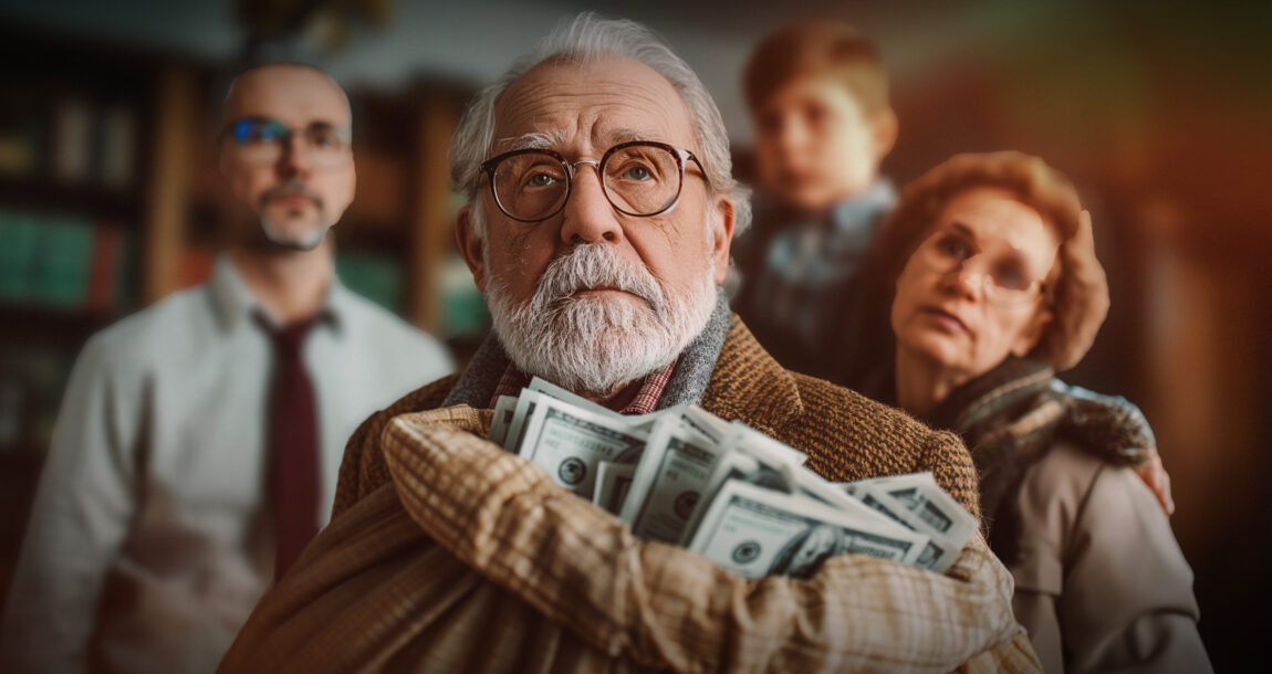 Image of an older man holding a bag of money while his family stands silently in the background. Many-Americans-have-no-plans-to-discuss-wealth-transfer-with-their-families.