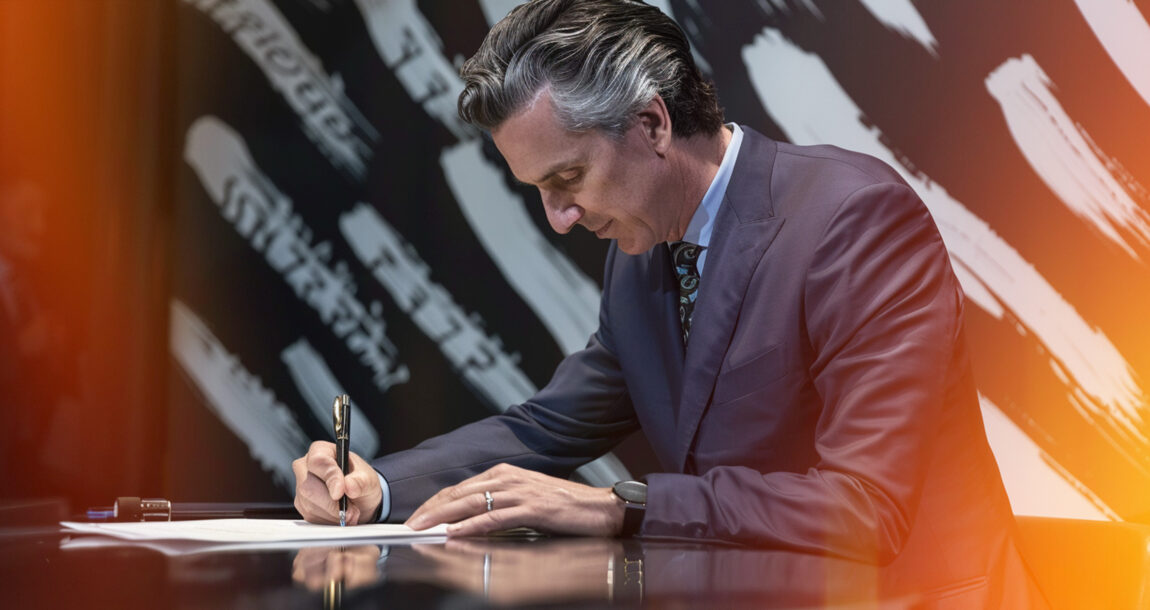 Illustration showing Calif. Gov. Newsom signing bill. California Gov. Newsom signs best-interest annuity sales bill.