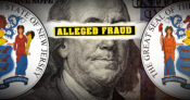 Image shows the words "Alleged Fraud" against a background of money and the New Jersey state seal.