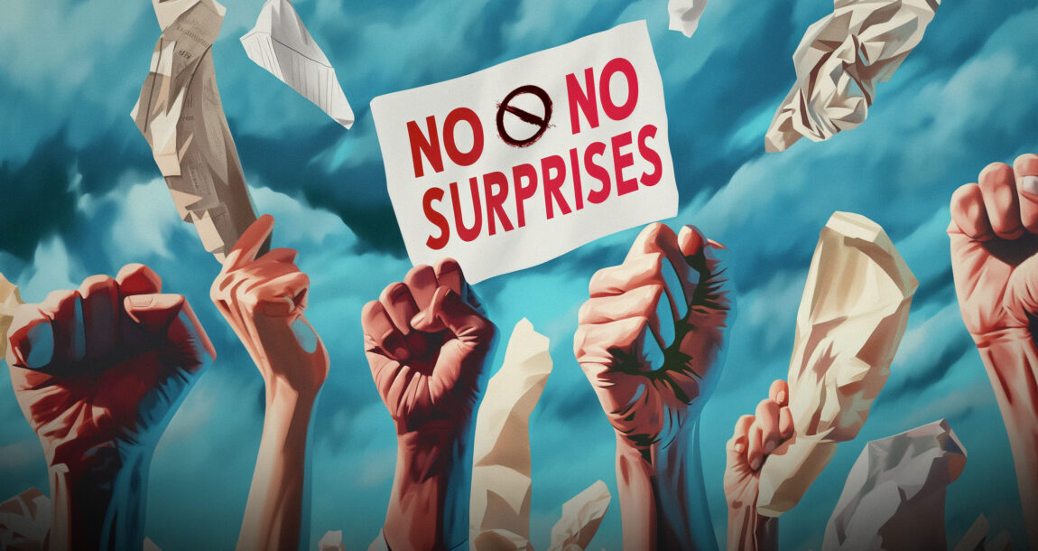 Image showing fists raised in the air holding a sign that says "no surprises." No-Surprises-Act-resulted-in-more-disputes-than-expected.