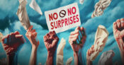 Image showing fists raised in the air holding a sign that says "no surprises." No-Surprises-Act-resulted-in-more-disputes-than-expected.