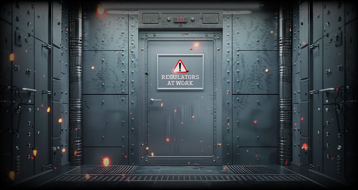 Image shows a metal door with the words, "Regulators at work."