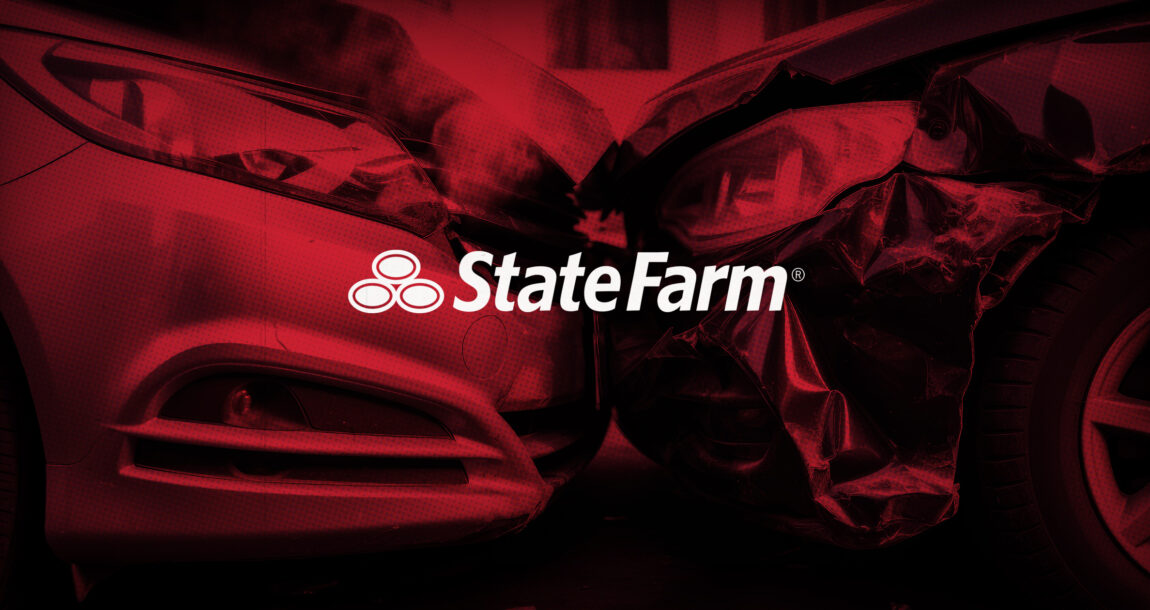 Image shows the State Farm logo over a car crash scene.